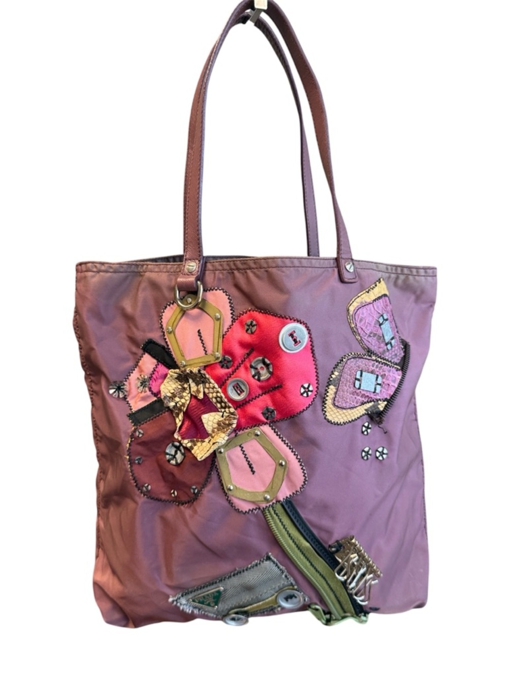 Prada Tessuto Nylon Saffiano Leather Python Trimmed Embellished Floral Tote Bag - Picture 2 of 11